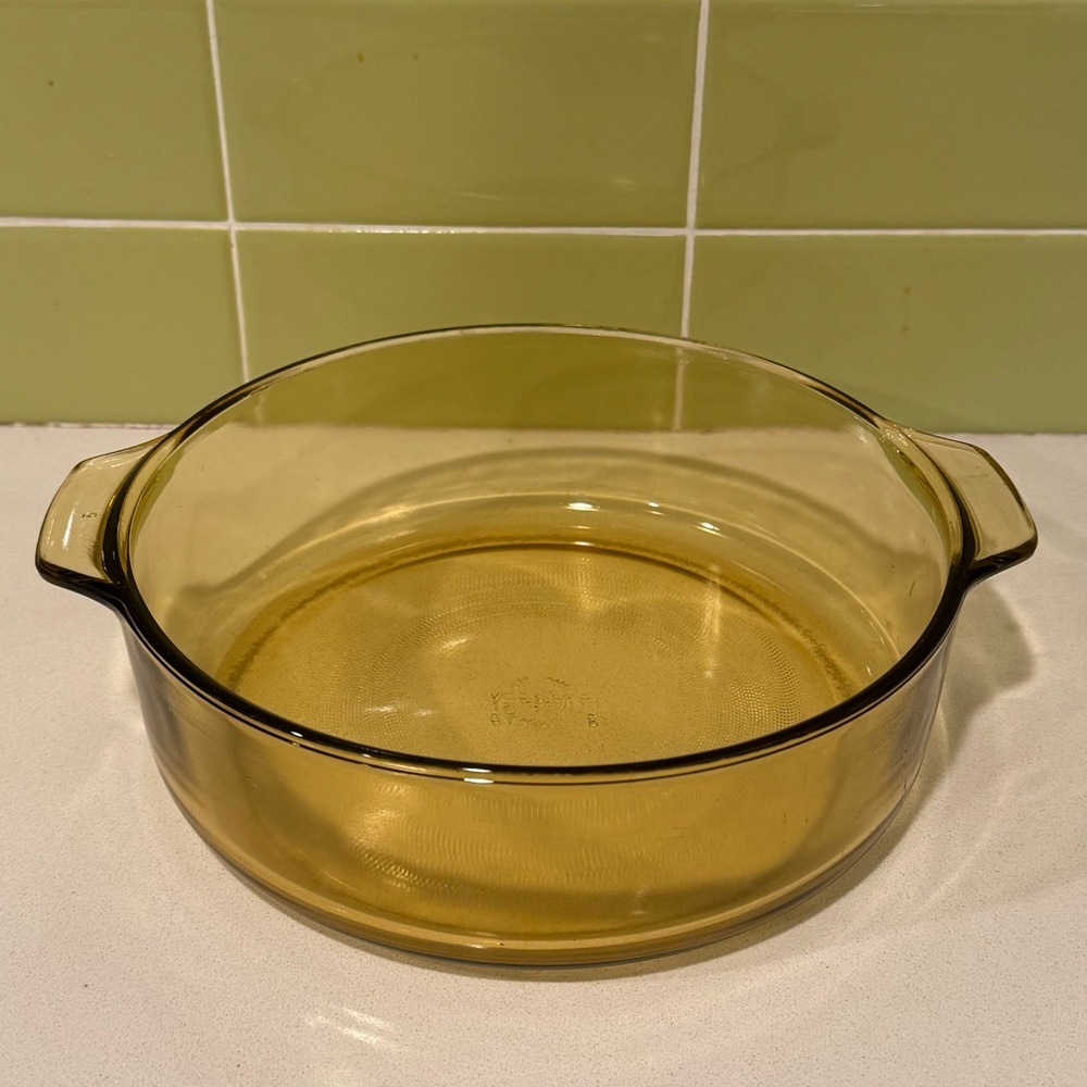 Vintage Pyr-O-Rey Amber Glass Casserole Dish with Tab Handles